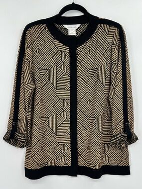 Exclusively Misook Geometric Open-Front Cardigan Sweater Black & Gold Sz Medium